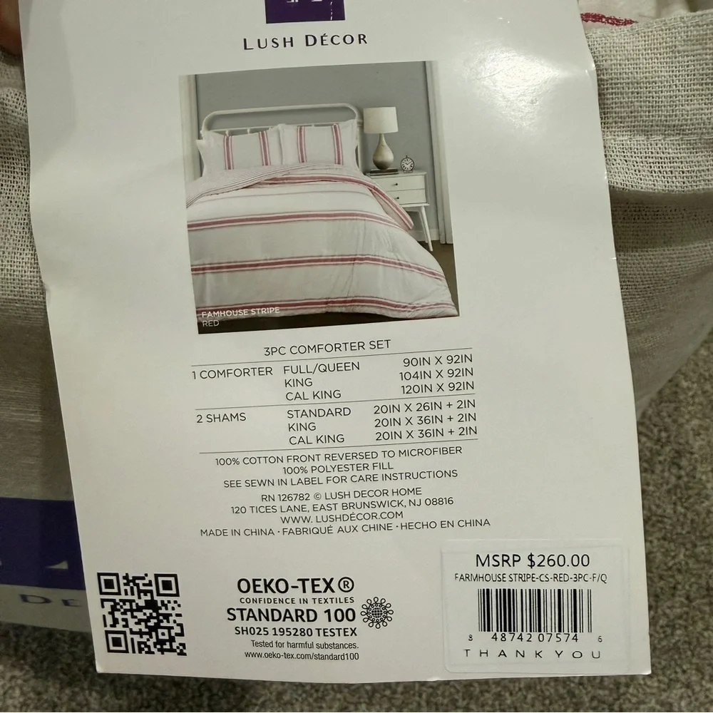 Lush Decor Farmhouse Stripe Reversible Comforter Set Full/Queen Red 3pc NEW